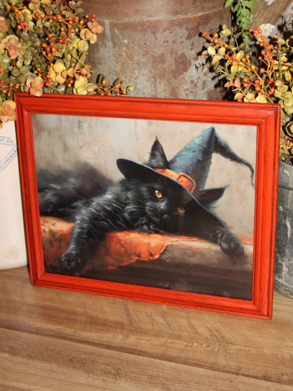Dark Moody Black Cat Witch Hat & Jack-o'-Lantern Halloween Wall Decor Picture